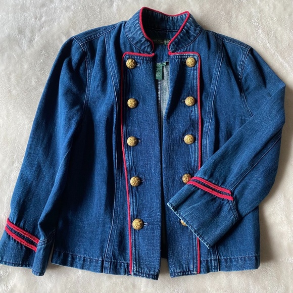 Vintage Ralph Lauren, military band open front denim jean jacket, size medium